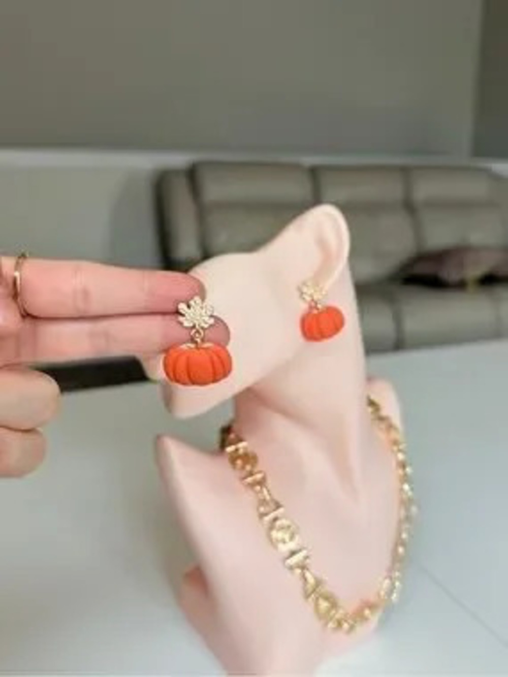 Gold Leaf Orange Pumpkin Drop Earrings